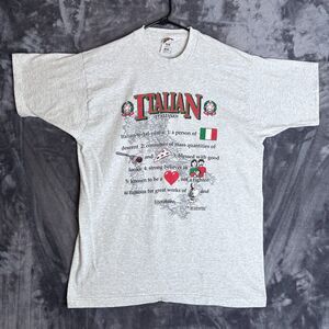 Vintage Italian Short Sleeve Gray T-Shirt Size X-Large Quotes Graphic